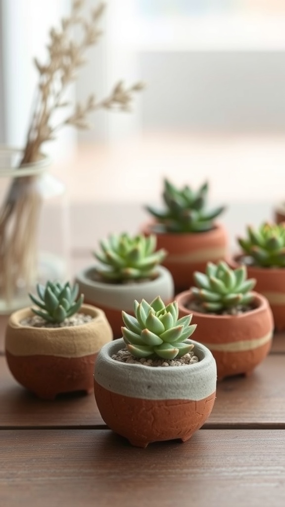 Miniature succulent pots made of air dry clay with small green succulents planted inside. - Make your own charming miniature succulent pots with air dry clay. These handmade planters add a rustic and modern touch to your home decor, perfect for small indoor plants. A simple and beginner-friendly DIY project that makes for unique gifts or stylish desk accessories. Save this idea for your next creative crafting session.