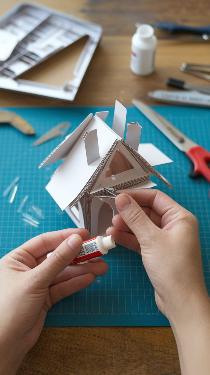 A person assembling a cardboard house for a Christmas village using glue and various tools.
