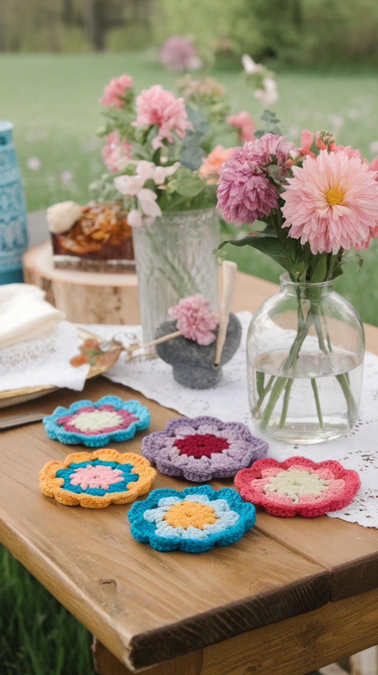 Colorful crochet flower coasters displayed on a wooden table with fresh flowers in a vase.