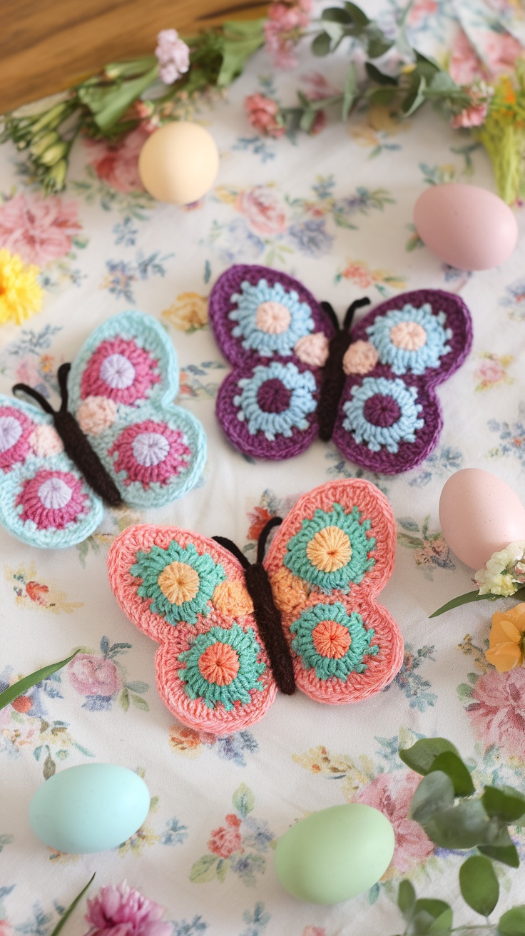 Colorful crochet butterfly appliques on a floral background with decorative eggs