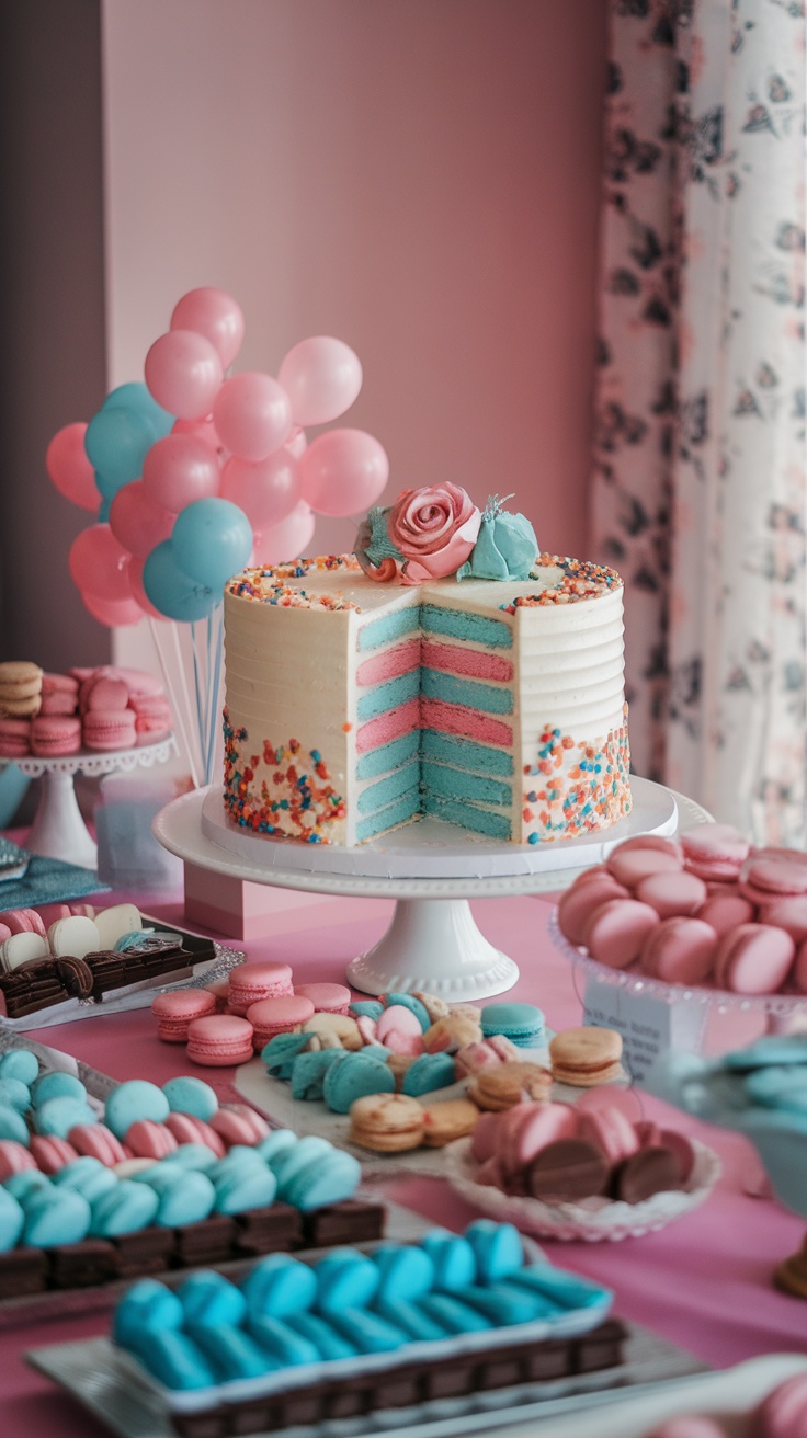 A gender reveal cake with pink and blue layers, decorated with colorful sprinkles and flowers, surrounded by matching treats.