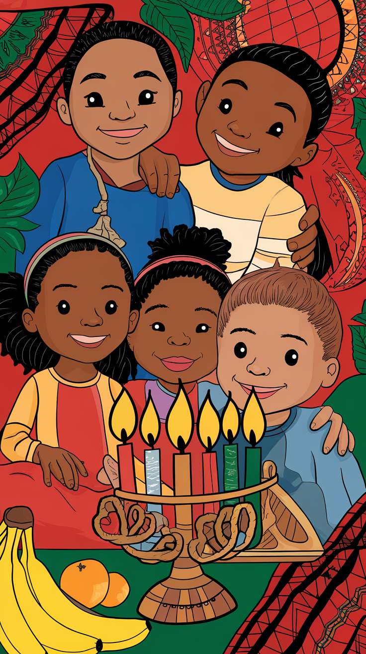 Illustration of children celebrating Kwanzaa with a Kinara and fruits