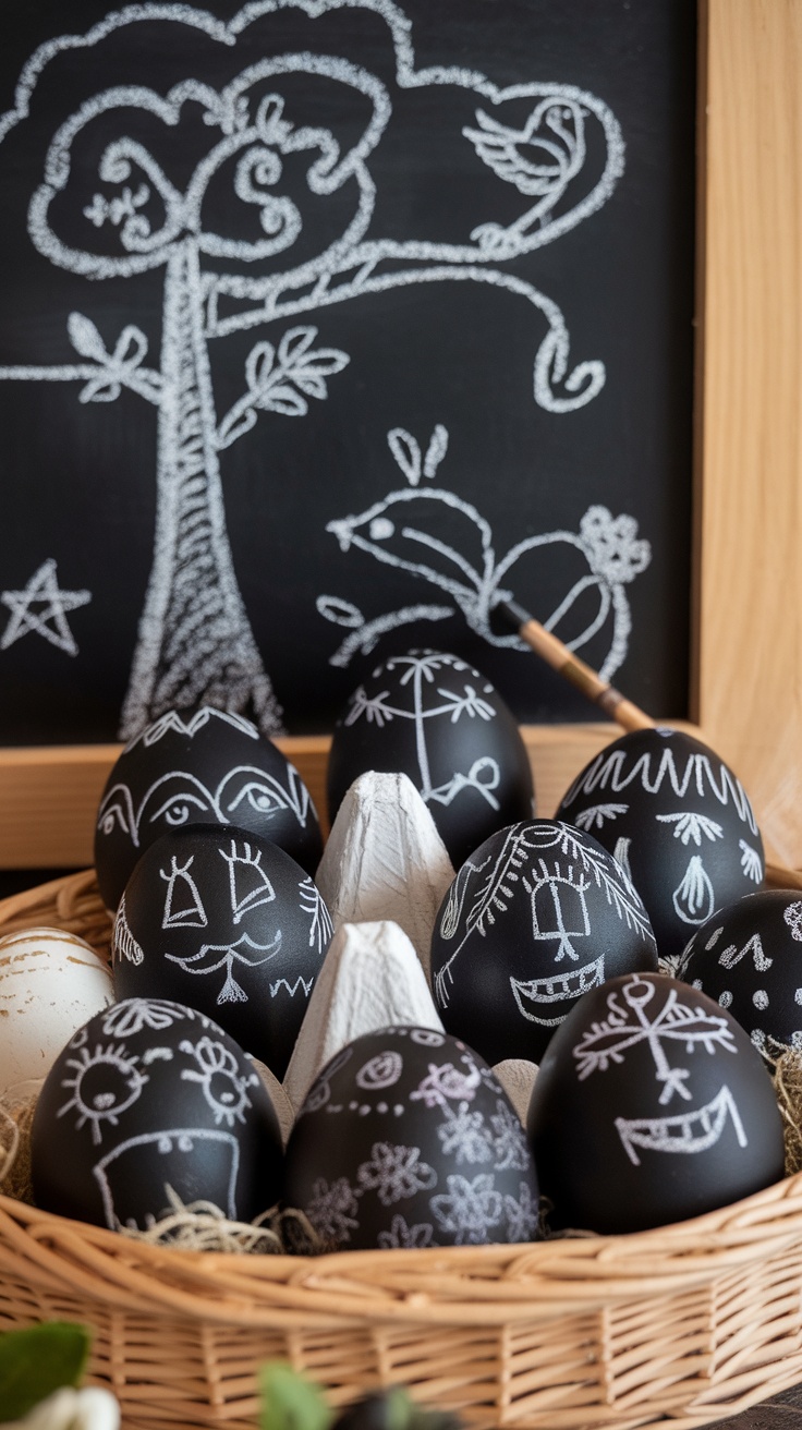 Decorated Easter eggs with chalkboard paint and white chalk designs in a basket.