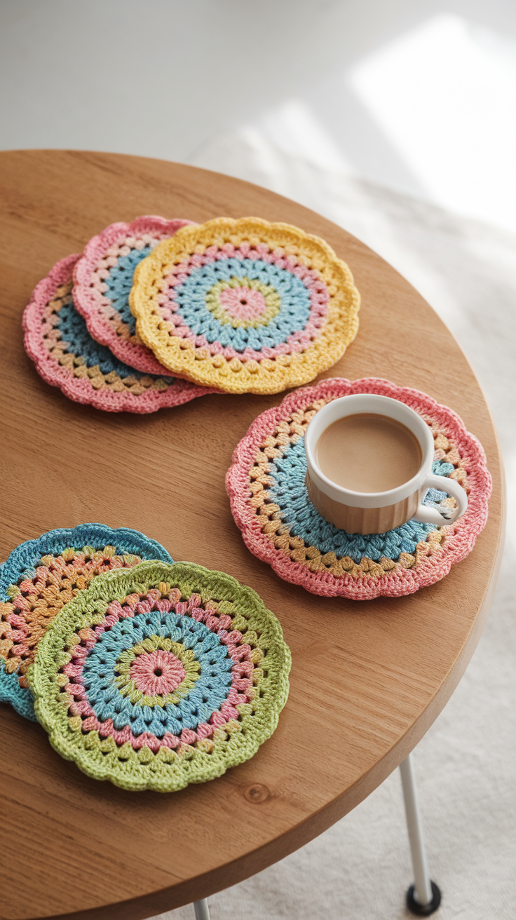 Colorful crochet coasters arranged on a wooden table with a coffee cup