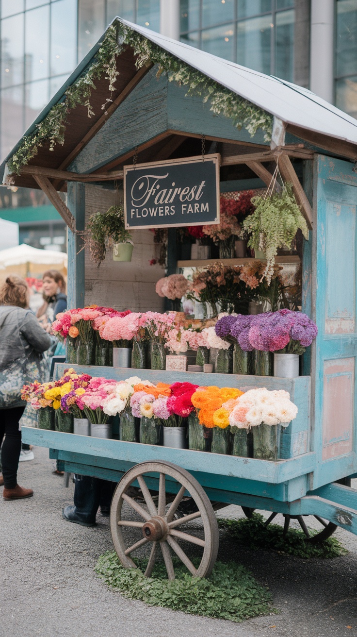 A charming flower cart filled with various colorful flowers at a street market.