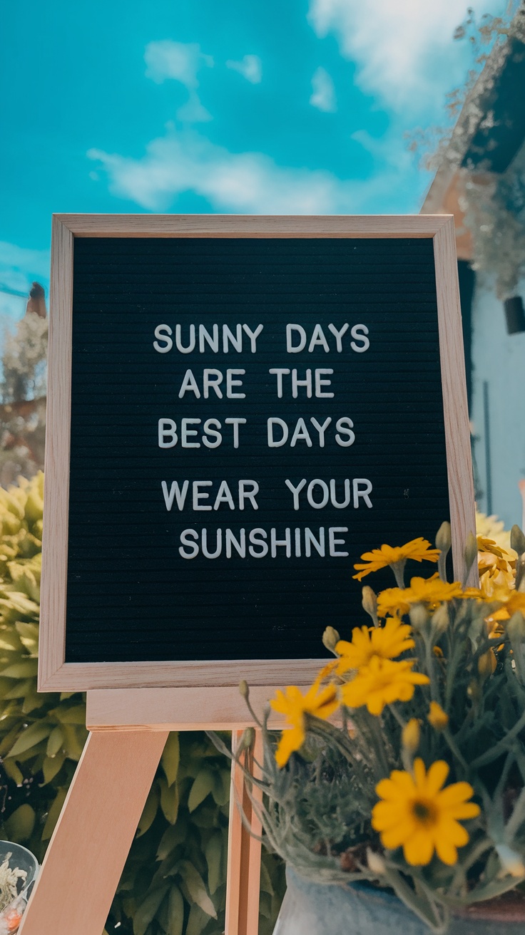 A letter board with the quote 'Sunny days are the best days, wear your sunshine' surrounded by flowers.