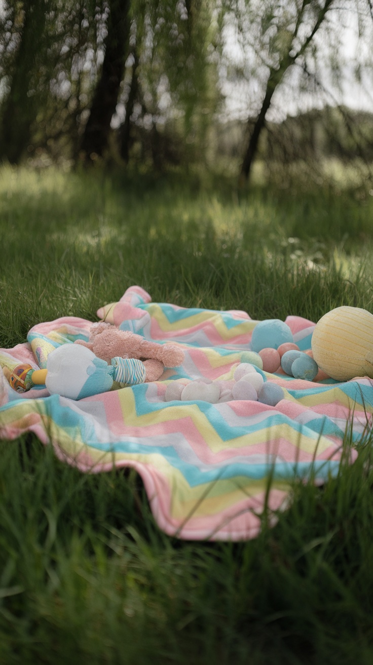 Colorful chevron pattern baby blanket on grass with toys