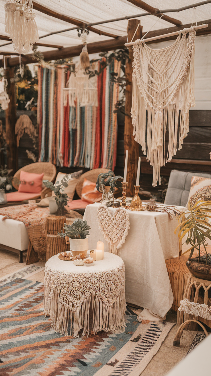 A bohemian styled living space with macramé decor, colorful rugs, and cozy seating