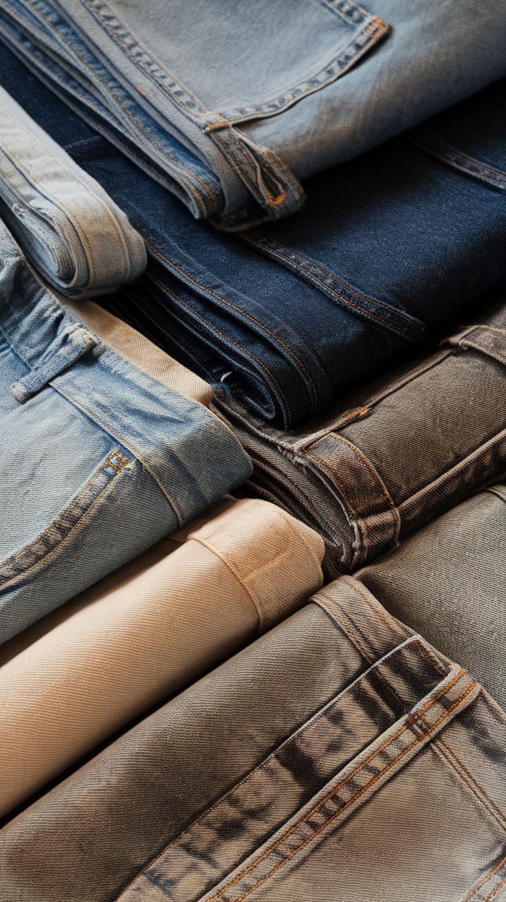 Various shades of denim fabric rolled and stacked.