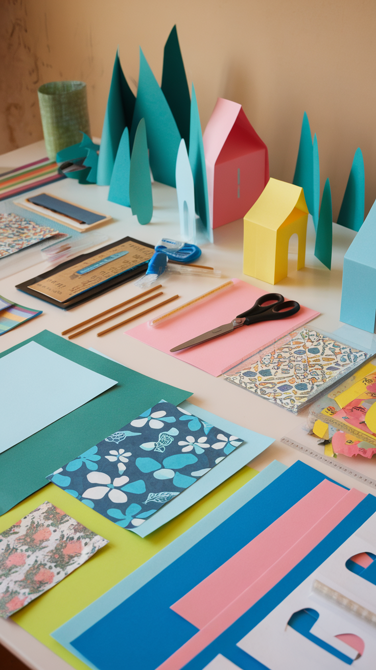 Craft supplies for making a colorful Christmas village.