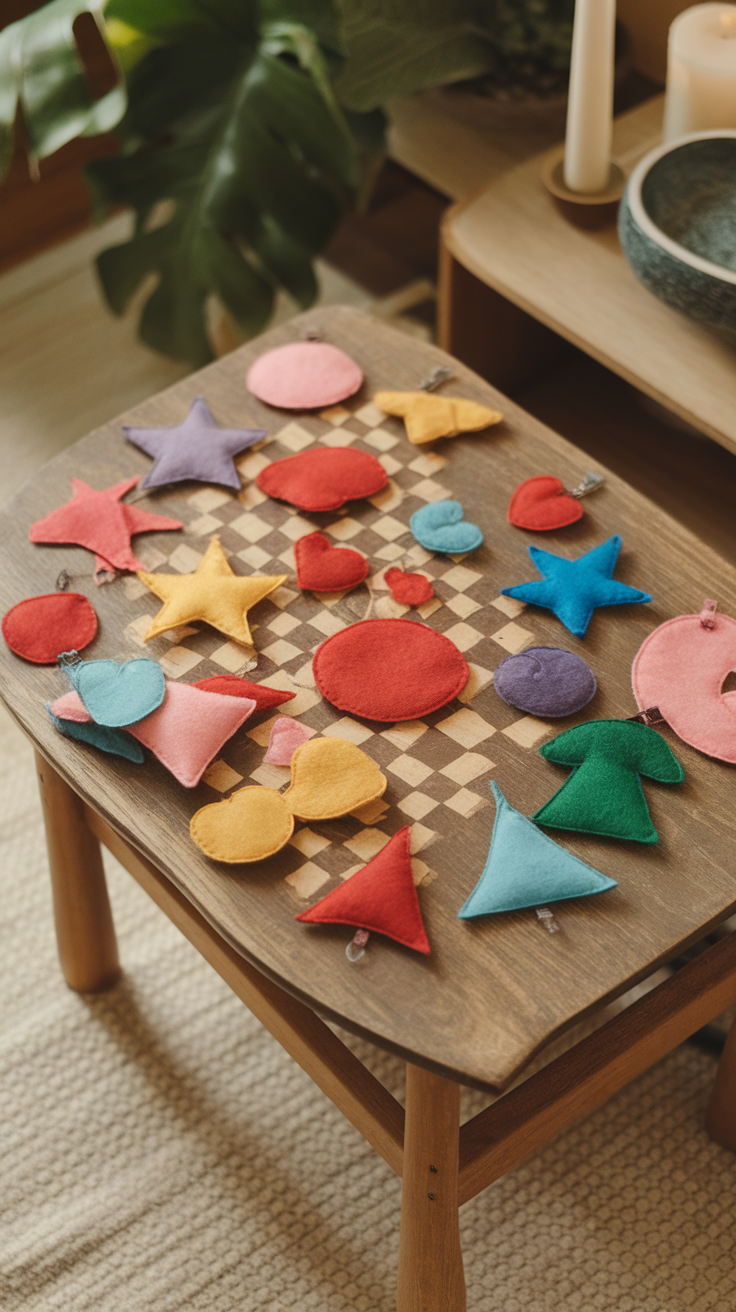 A variety of colorful felt ornaments on a wooden tabletop, including stars, circles, and trees.
