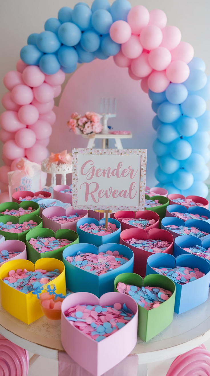Colorful confetti filled boxes for a gender reveal party with a pink and blue theme.