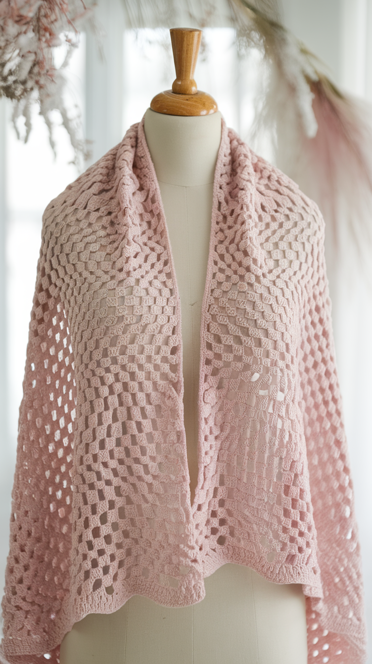 A beautifully crafted pink crochet scarf displayed on a mannequin.