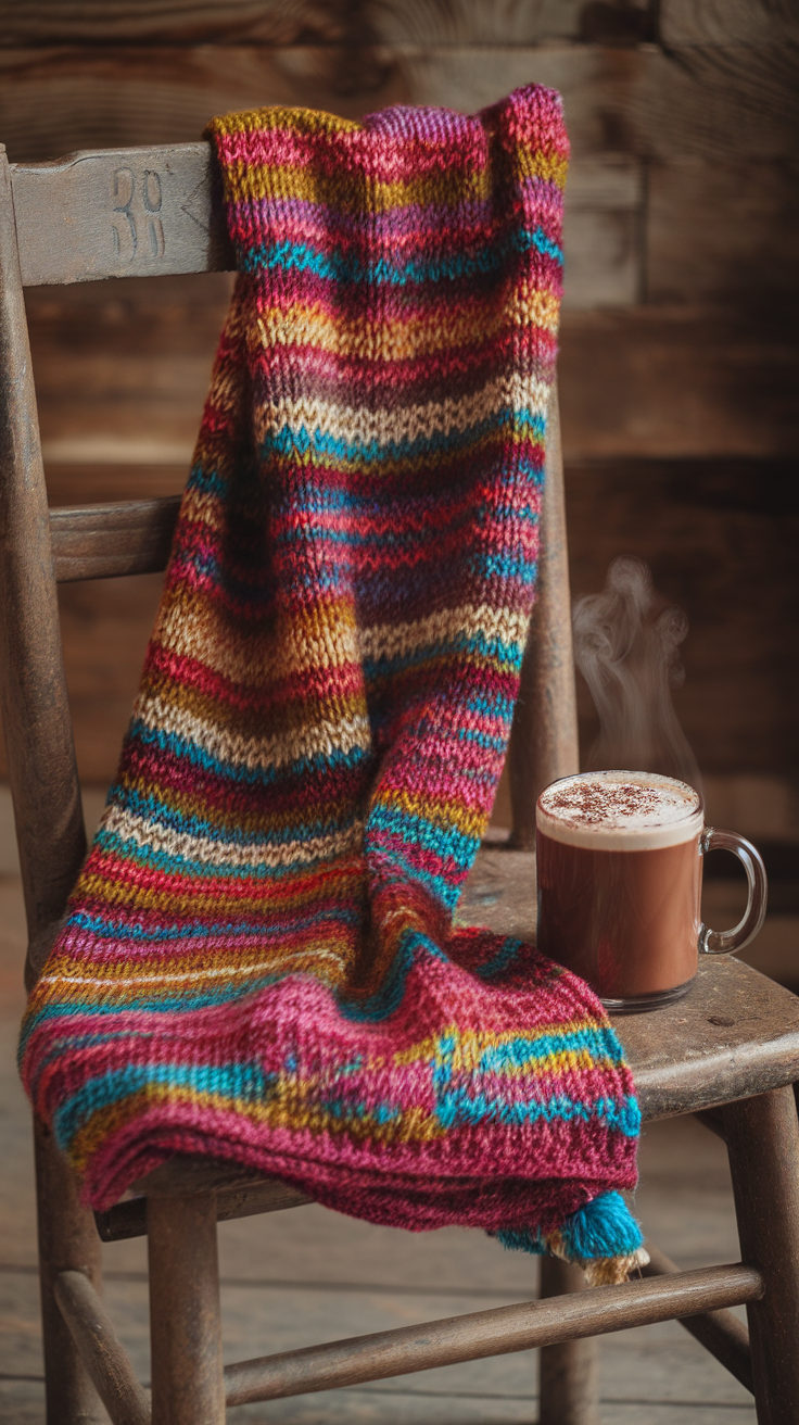 A colorful knitted scarf draped over a wooden chair next to a steaming cup of hot chocolate.