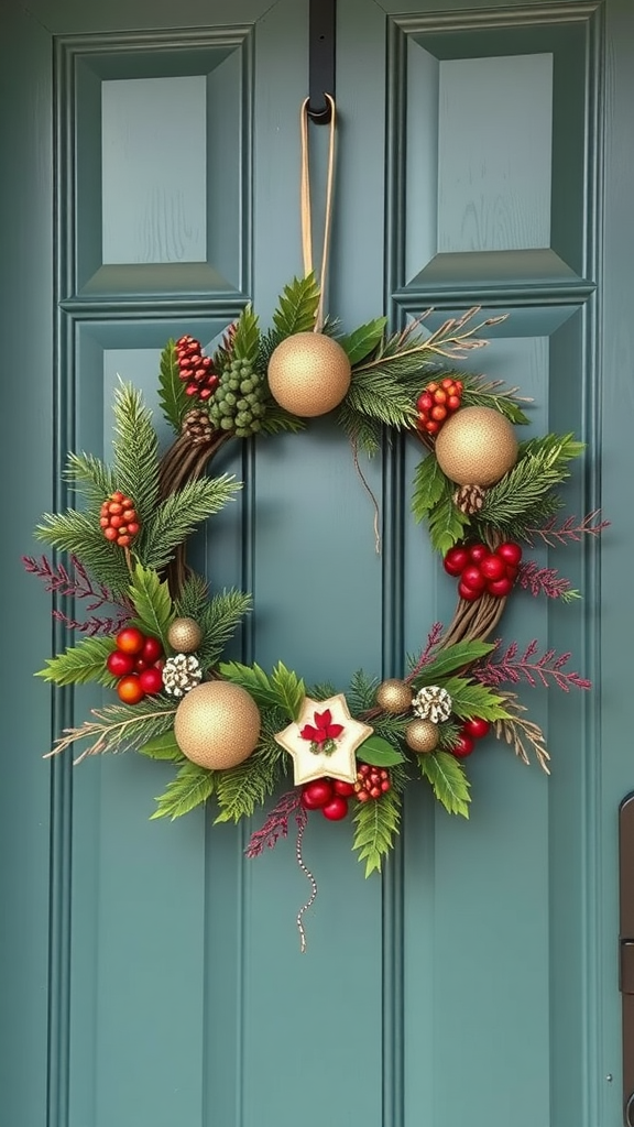 A beautifully crafted wooden wreath decorated with festive elements, hanging on a door.