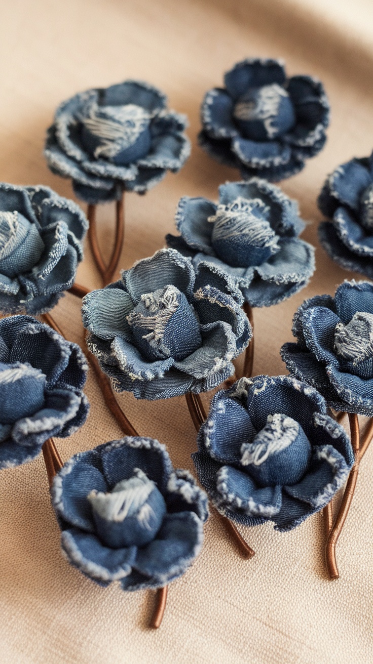 A collection of denim flower brooches made from blue denim fabric.