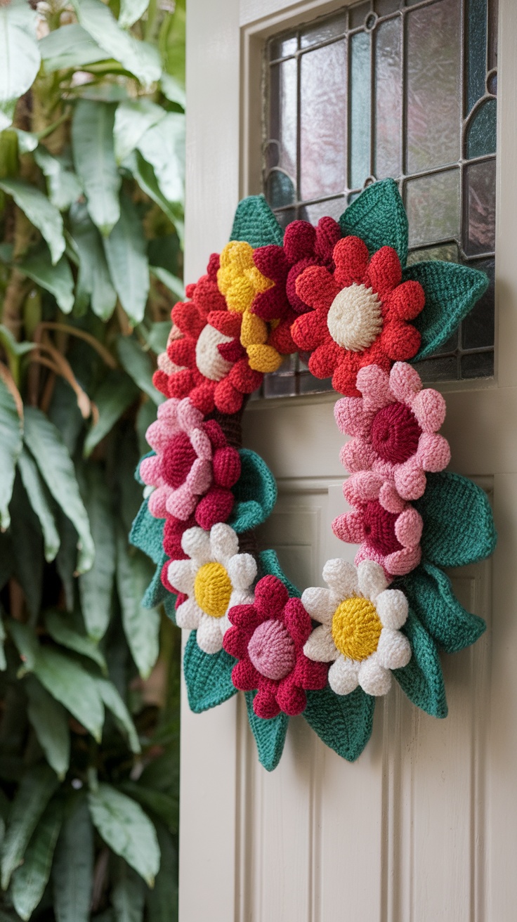A vibrant crochet flower wreath with various colorful flowers and green leaves, displayed on a door.