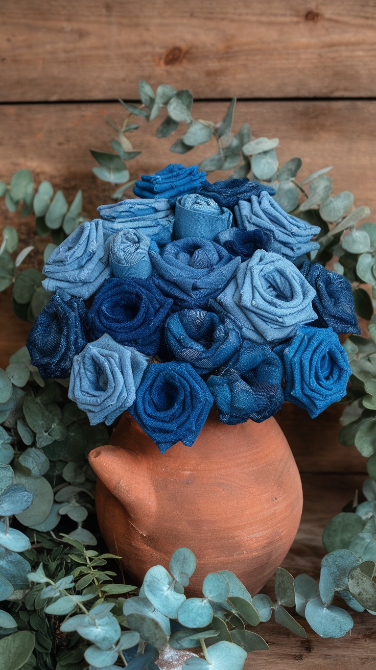 A bouquet of denim flowers in various shades of blue, arranged in a terracotta pot with green leaves around it.