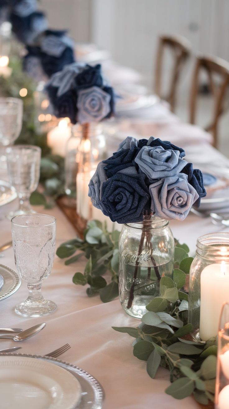 Beautifully arranged denim flower centerpieces in blue tones, set on a dining table with candles and greenery.