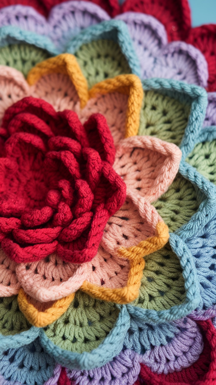 A colorful crochet flower with layers of petals in red, pink, yellow, green, and blue.