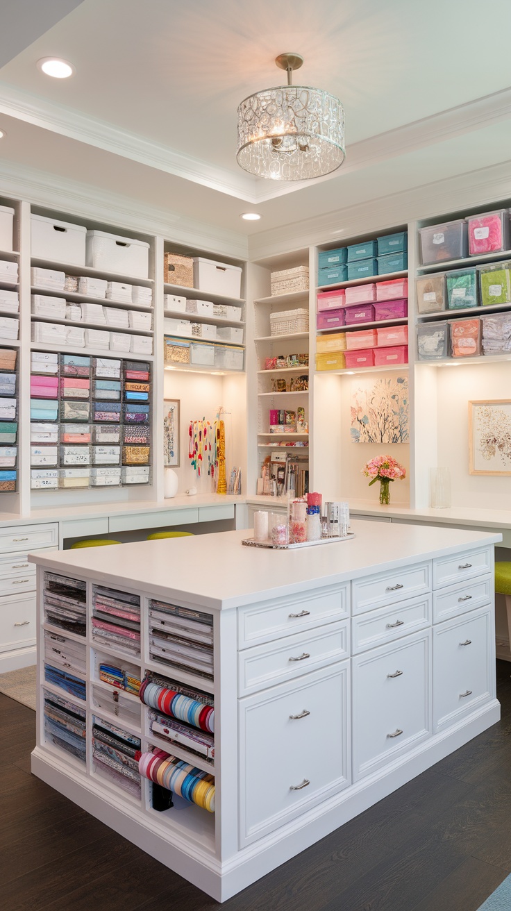 A beautifully organized craft room with colorful storage bins and a bright workspace.