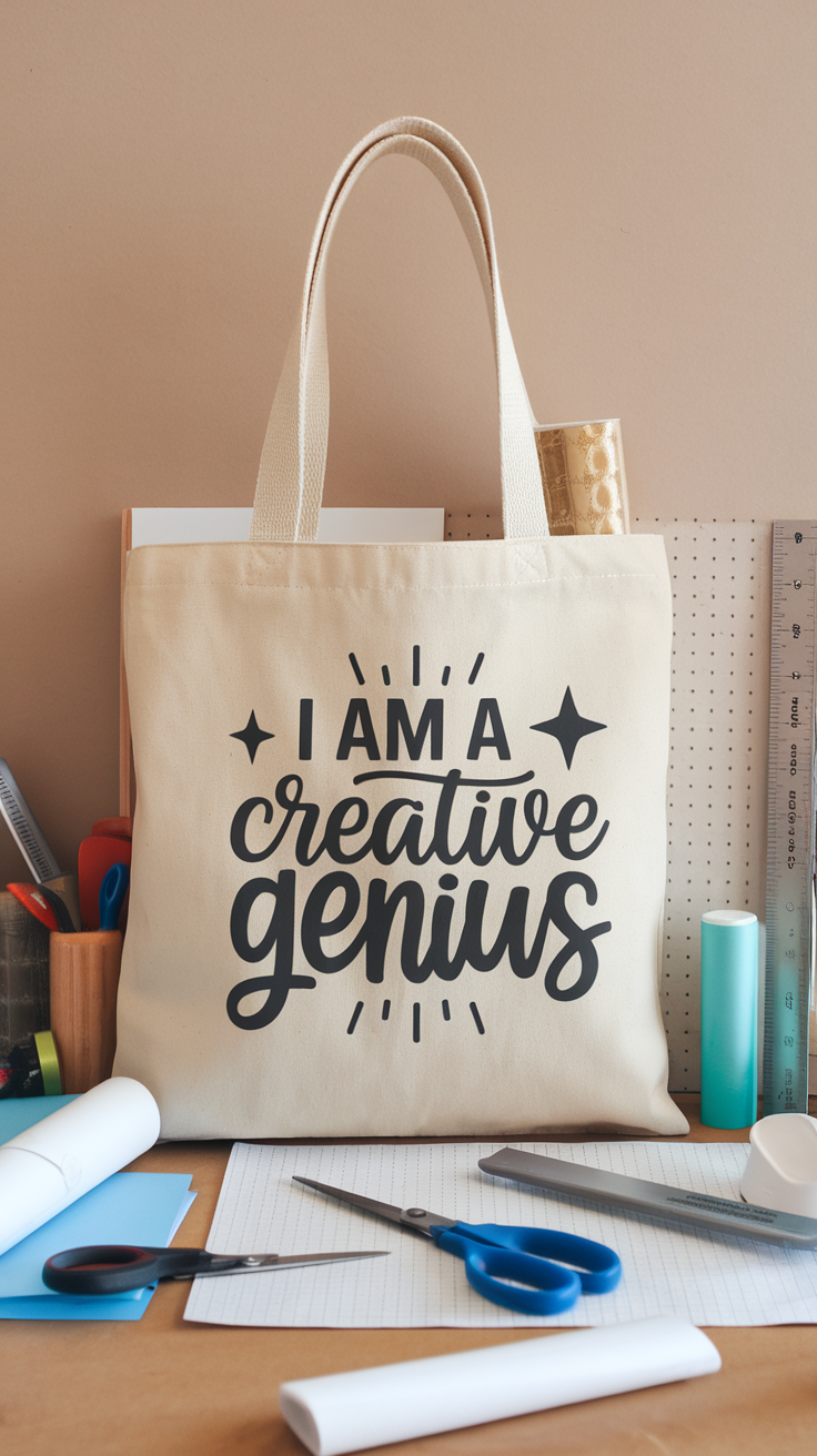 A beige tote bag with the text 'I AM A creative genius' surrounded by craft supplies.