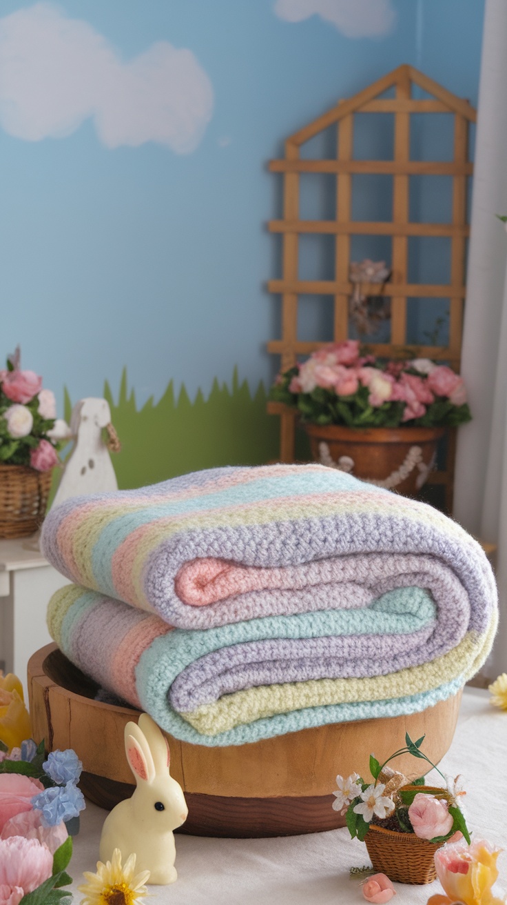 A rolled crochet baby blanket in pastel colors, surrounded by flowers and a small bunny figurine.
