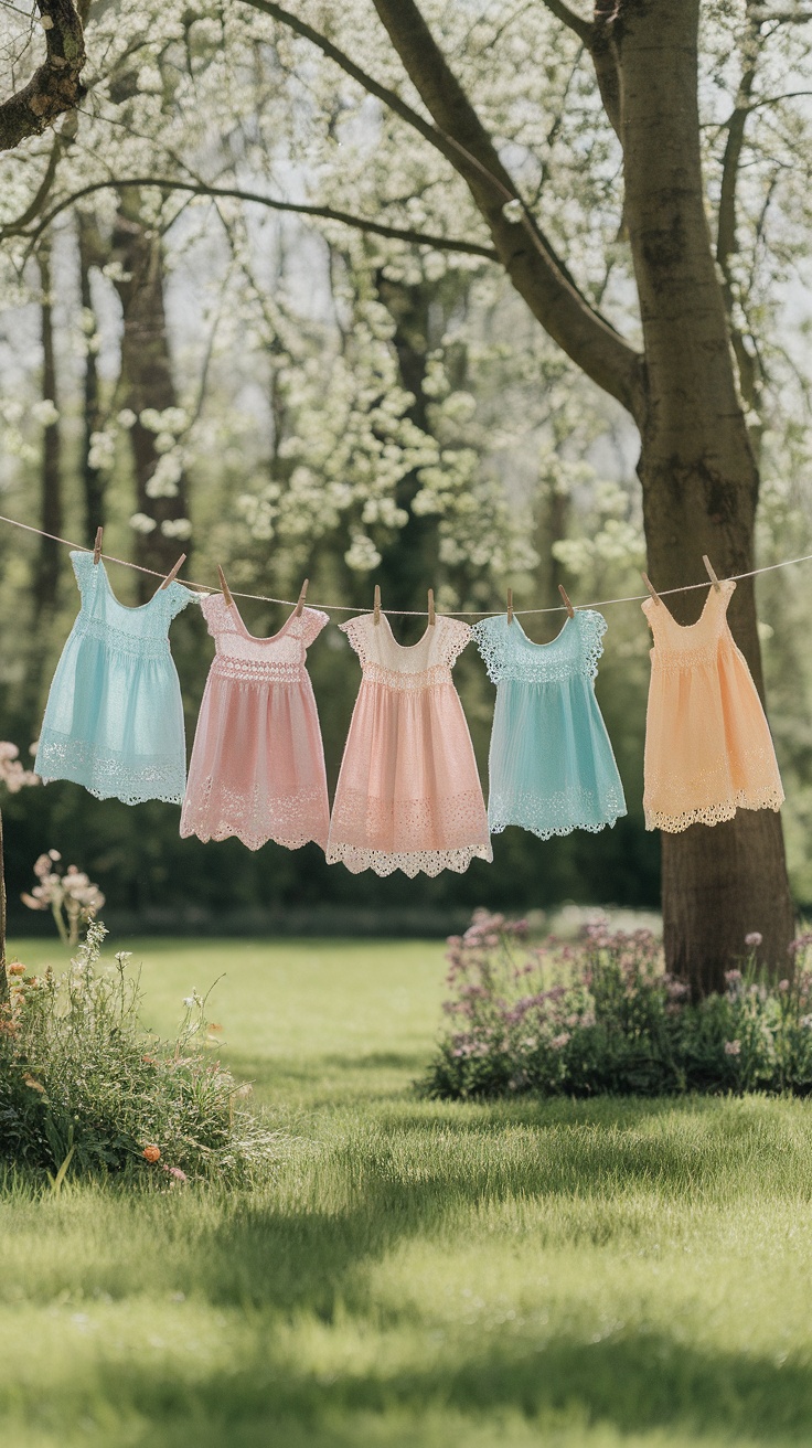 Pastel crochet baby dresses hanging on a line in a garden