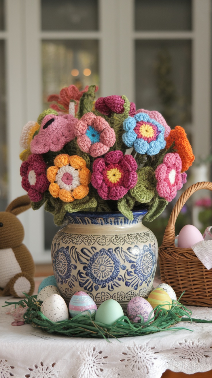 A vibrant bouquet of crochet flowers in a decorative vase, surrounded by Easter eggs and a cute bunny.