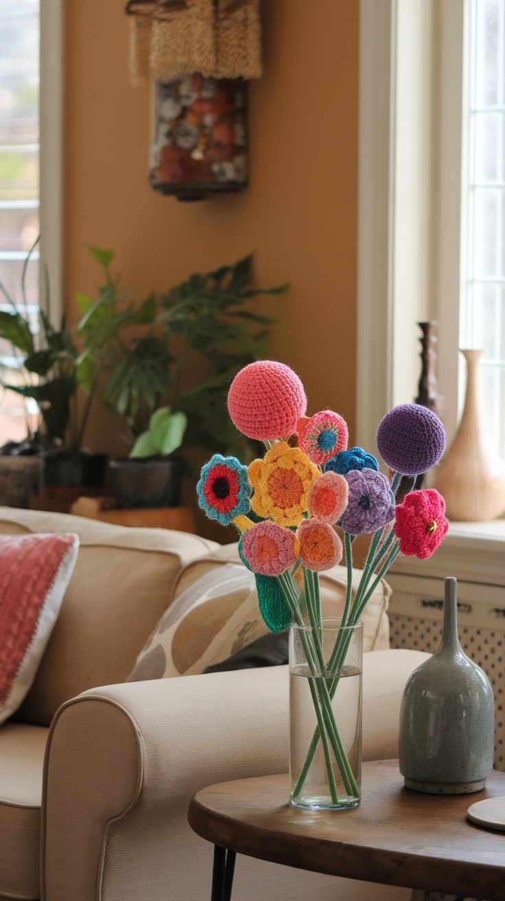 A colorful arrangement of crochet flowers in a vase on a table, surrounded by home decor.