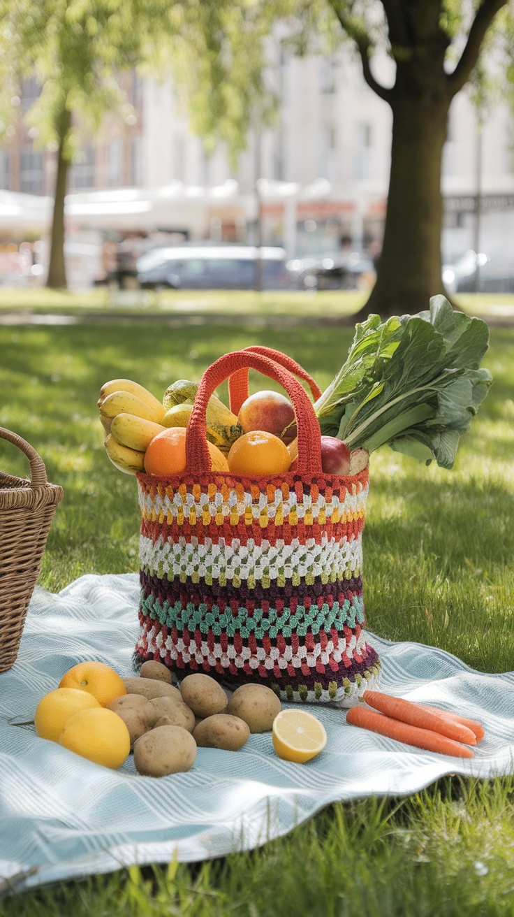 Colorful crochet market bag filled with fruits and vegetables on a picnic blanket.