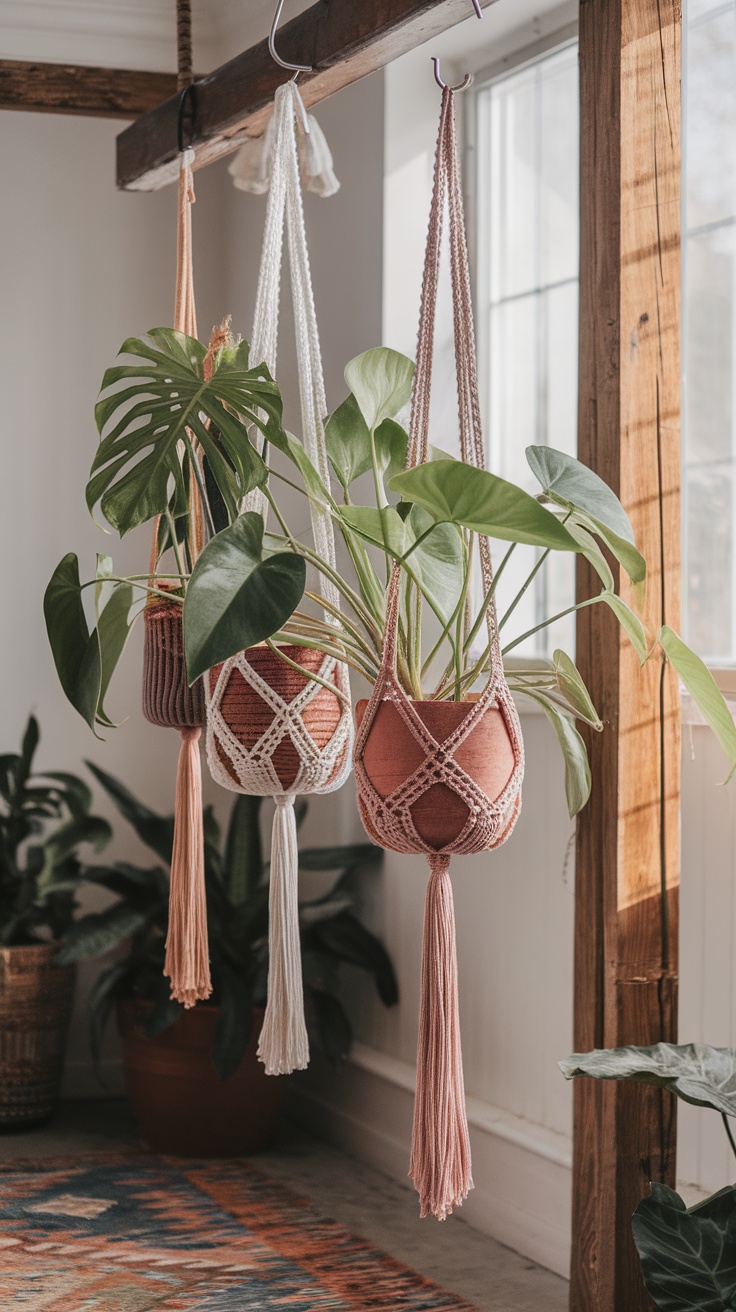 Three crochet plant hangers with plants, hanging in a bright room.