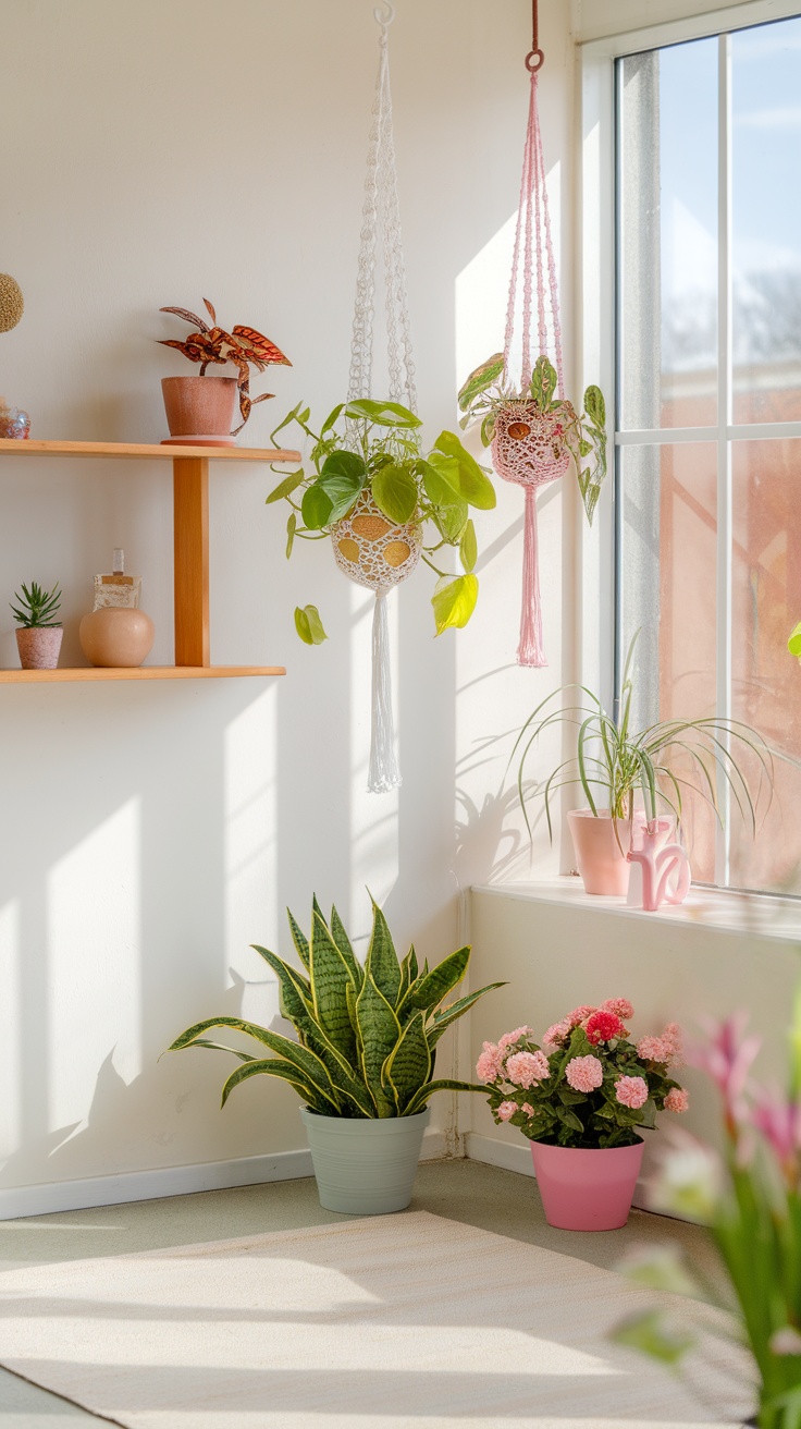 Two crochet plant hangers displaying green plants in a bright indoor setting.