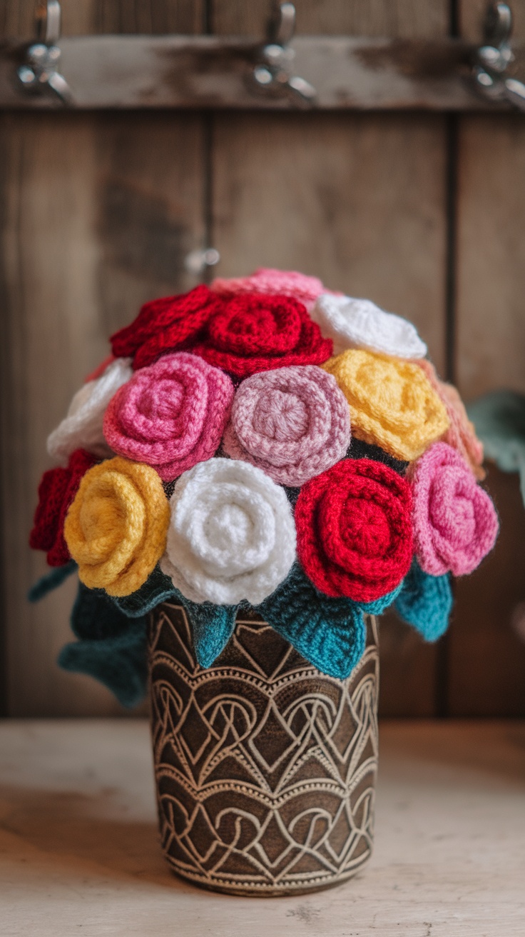 A beautiful crochet rose bouquet with various colors, displayed in an artistic vase.