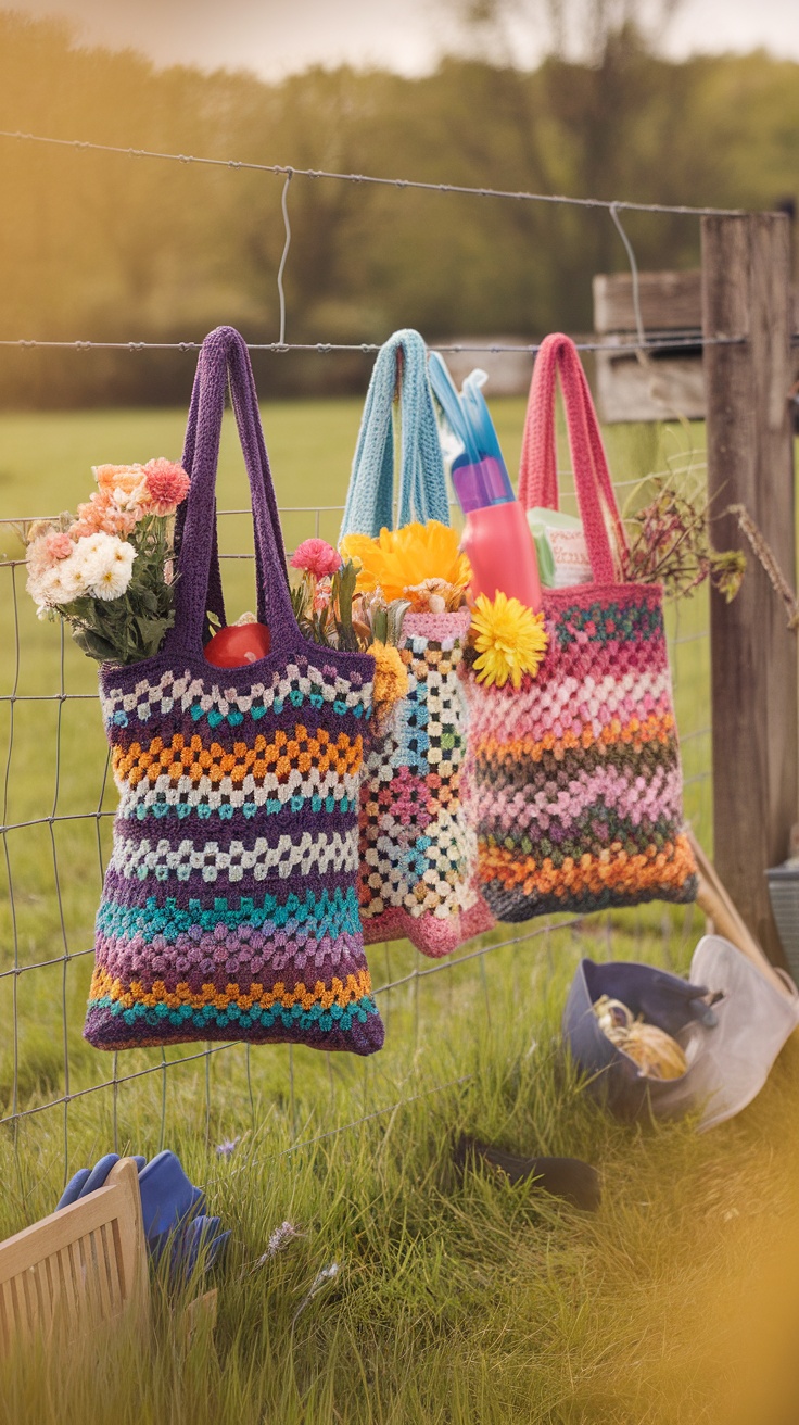 Three colorful crochet tote bags hanging on a fence, filled with flowers and items.