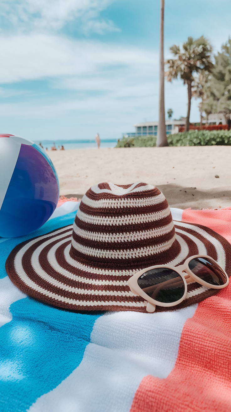 A crochet sun hat with sunglasses on a beach towel beside a beach ball.