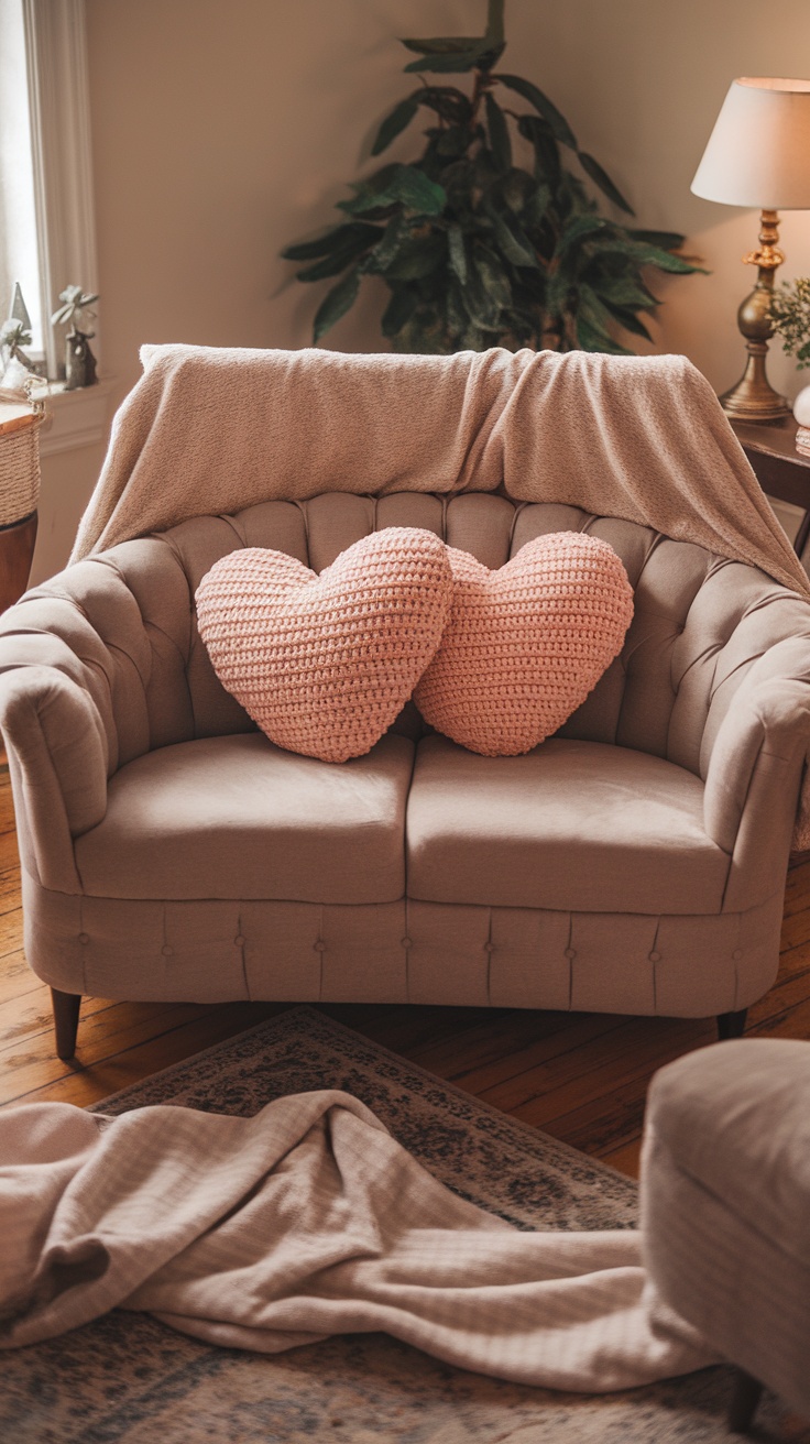 Two heart-shaped crochet pillows on a beige couch with a blanket draped over it.
