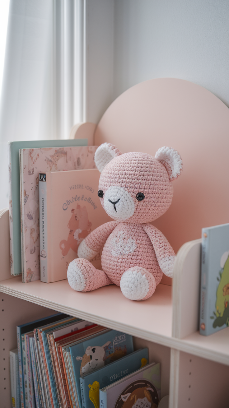 A handmade pink crochet bear sitting on a shelf beside books.