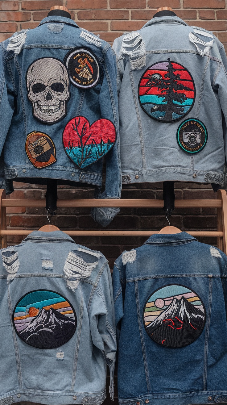 Denim jackets with various embroidered patches showcasing different designs and colors.