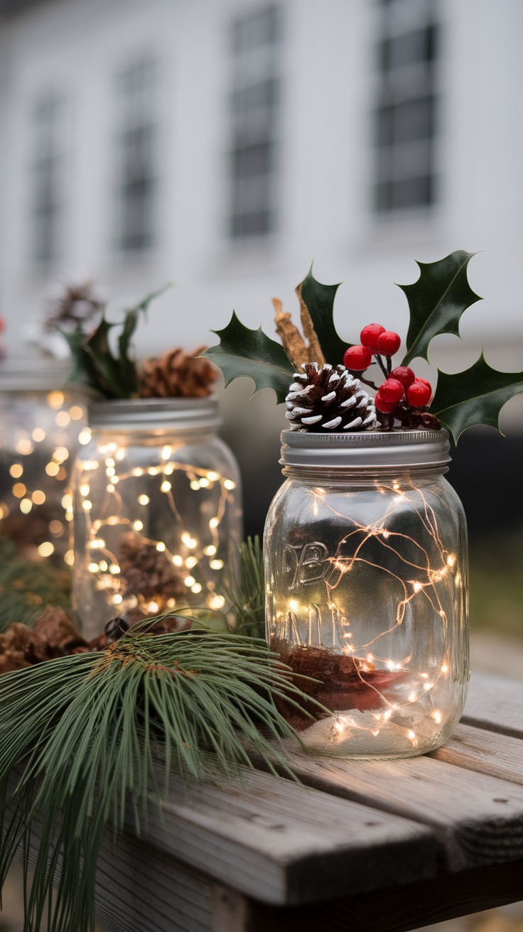 Decorative mason jar lanterns with fairy lights, pinecones, and holly.