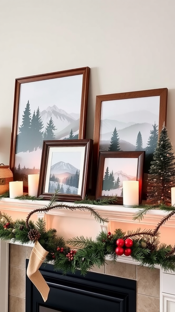 A decorated shelf with various picture frames, candles, and holiday decor.