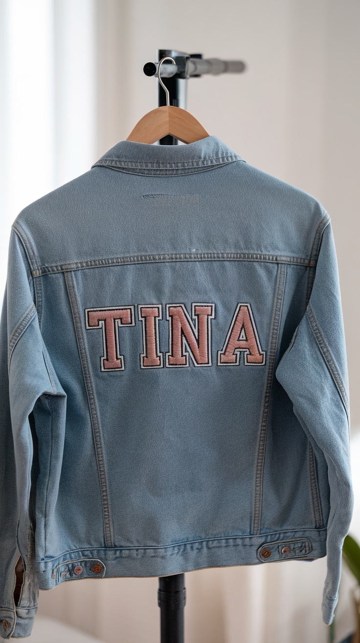 A denim jacket with the name 'TINA' embroidered on the back.
