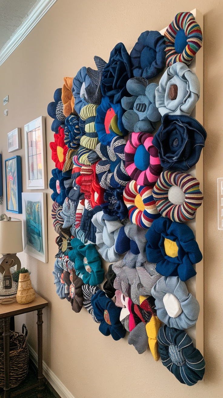 A wall art piece made of denim flowers in various colors and patterns.