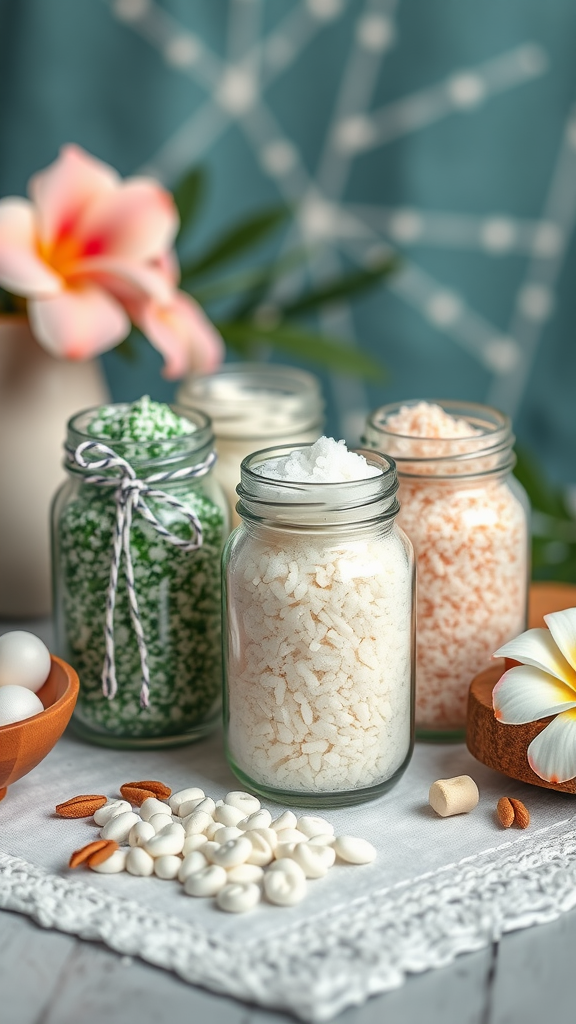 Colorful jars of DIY bath salts with decorative labels and a few snacks on a countertop.