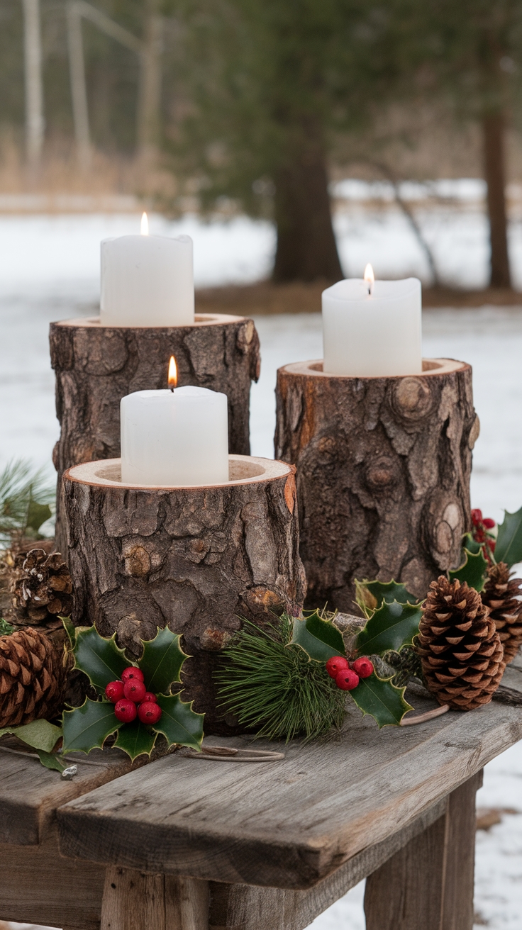 Three rustic candle holders made from logs with white candles, surrounded by pinecones and greenery.