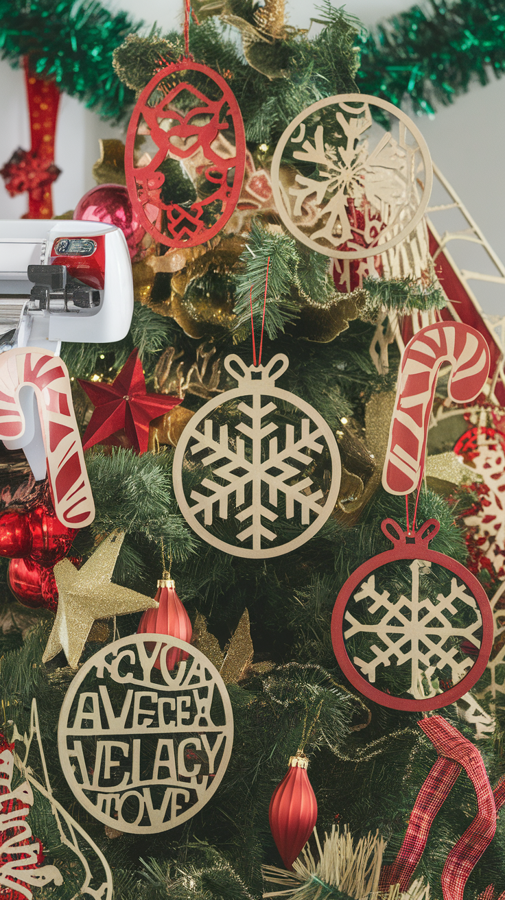 A festive Christmas tree adorned with various DIY ornaments made using a Cricut machine.