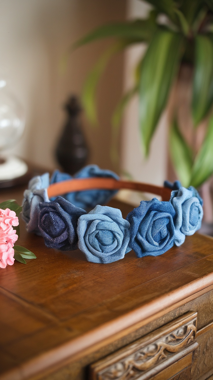 A denim flower headband with blue denim roses on a wooden table.