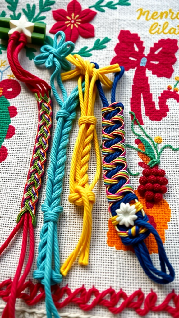 Colorful DIY friendship bracelets on a patterned fabric background.