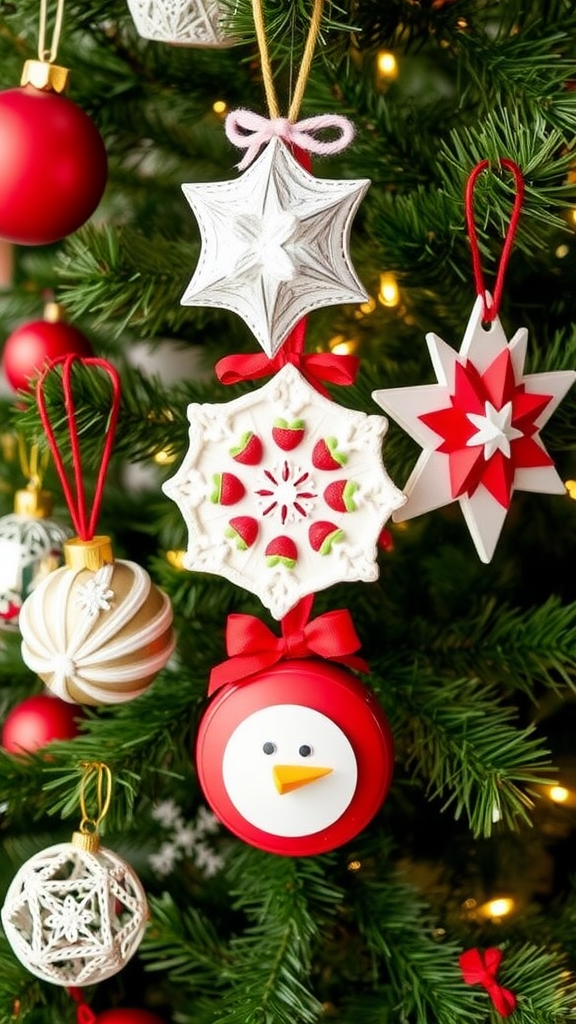 Colorful DIY holiday ornaments hanging on a Christmas tree.