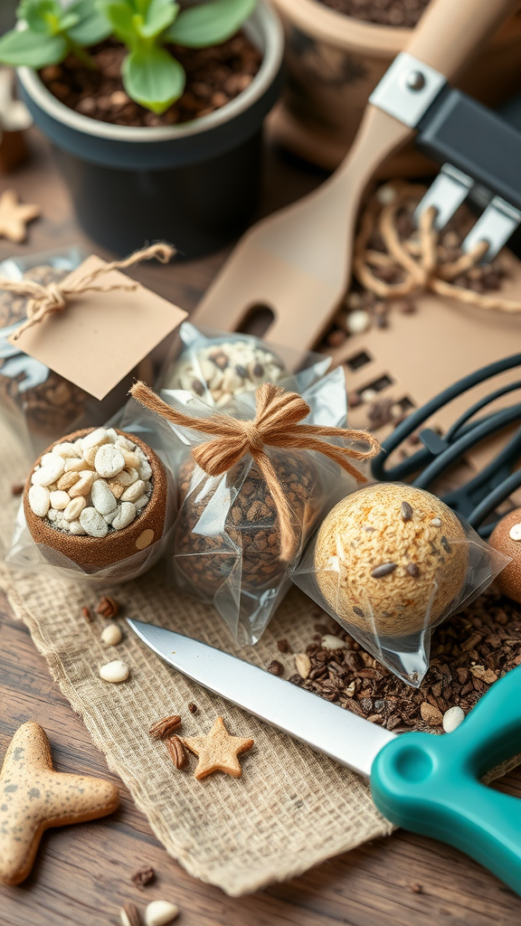 An assortment of DIY seed bombs and gardening tools on a wooden surface.